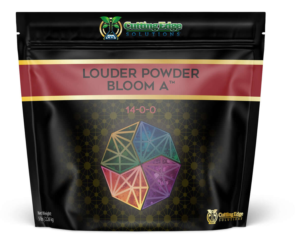 Cutting Edge Solutions Louder Powder Bloom A 5 lb bag, granular nutrient blend for flowering stage with 14-0-0 formula.