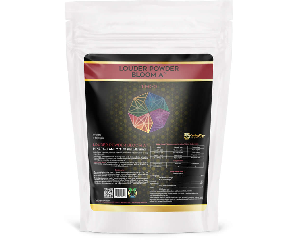 Cutting Edge Solutions Louder Powder Bloom A (14-0-0) 25 lb bag for flowering stage nutrients with calcium, magnesium, iron, and nitrogen.