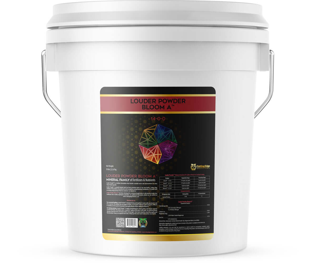 50 lb bucket of Cutting Edge Solutions Louder Powder Bloom A (14-0-0) nutrient blend for flowering plants.