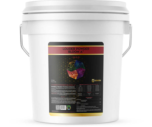 50 lb bucket of Cutting Edge Solutions Louder Powder Bloom A (14-0-0) nutrient blend for flowering plants.