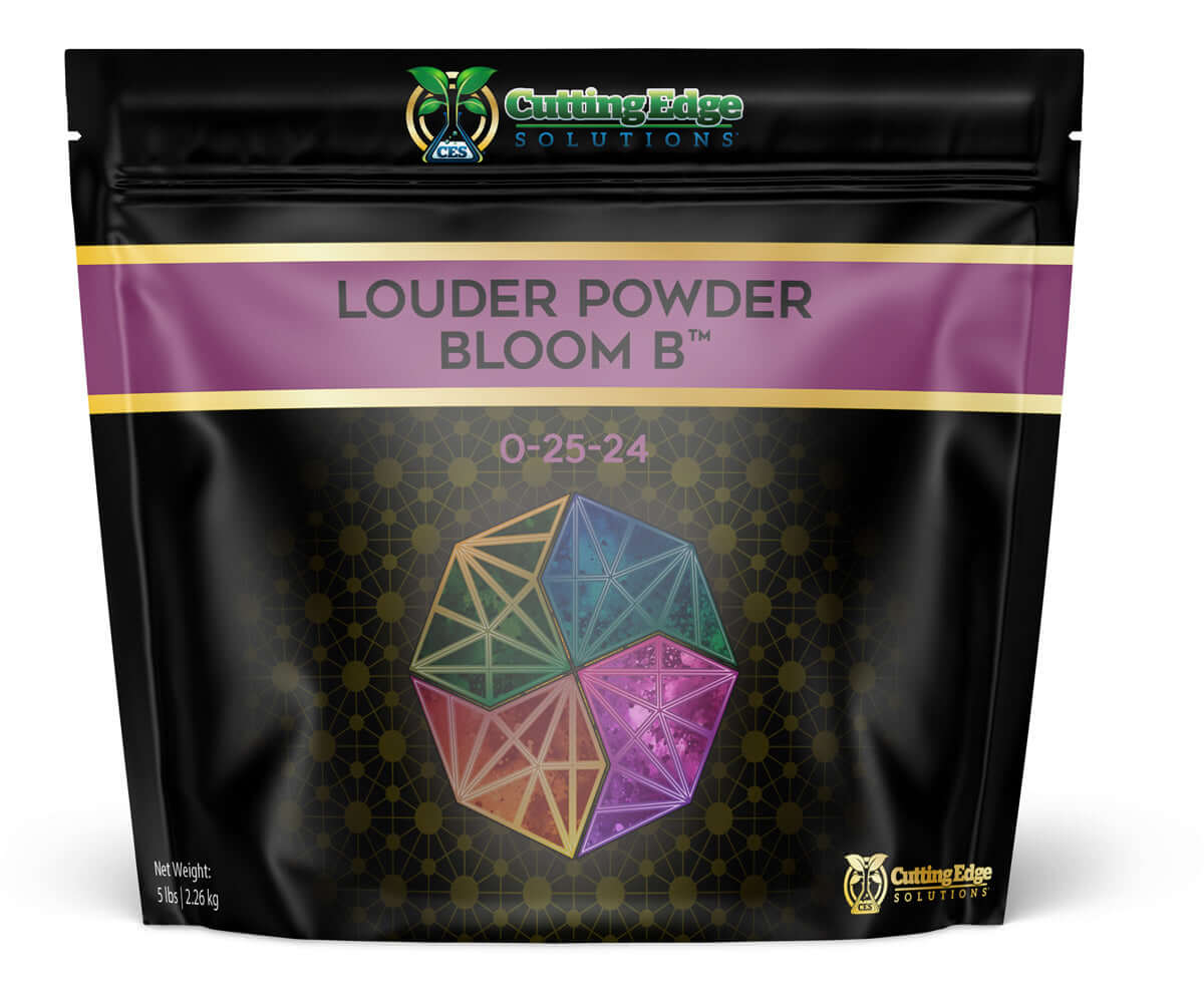 Cutting Edge Solutions Louder Powder Bloom B (0-25-24) 5 lb bag, nutrient blend for flower growth and terpene enhancement.