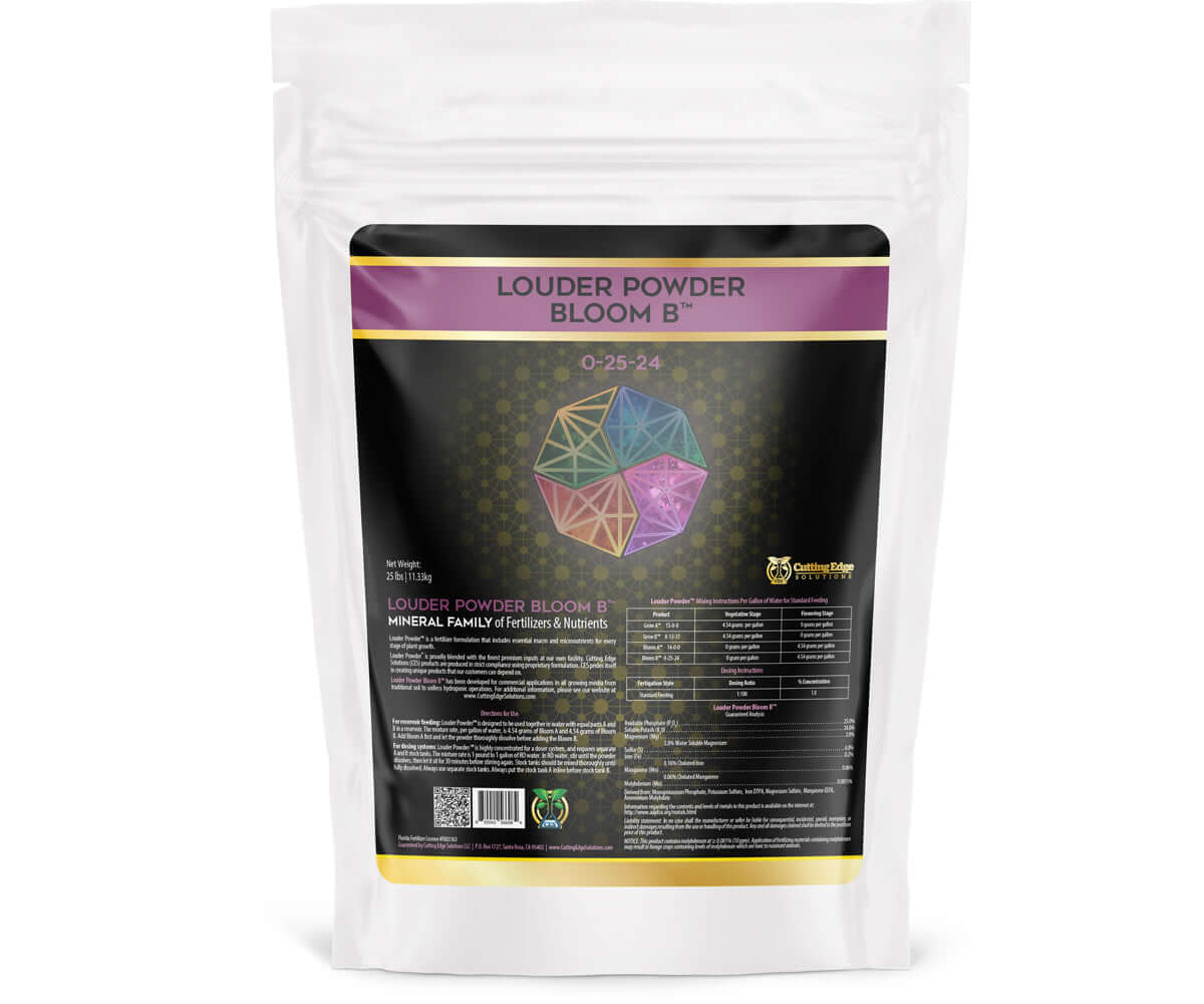 Cutting Edge Solutions Louder Powder Bloom B (0-25-24) 25 lb bag nutrient blend for flowering plants.