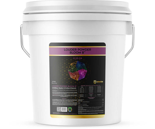 50 lb bucket of Cutting Edge Solutions Louder Powder Bloom B (0-25-24) featuring nutrient blend for enhanced growth and blooming.