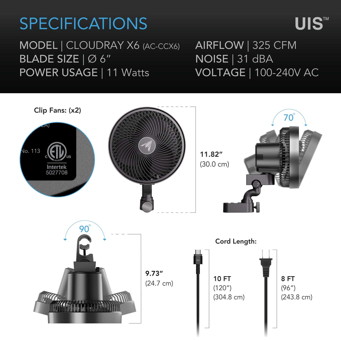 AC Infinity CLOUDRAY S6 2-Pack, Gen 2 Grow Tent Clip Fan 6” with Long-Life EC Motor, 10-Level Dynamic Wind Modes & Fan Speeds, 10-Level Auto Oscillation