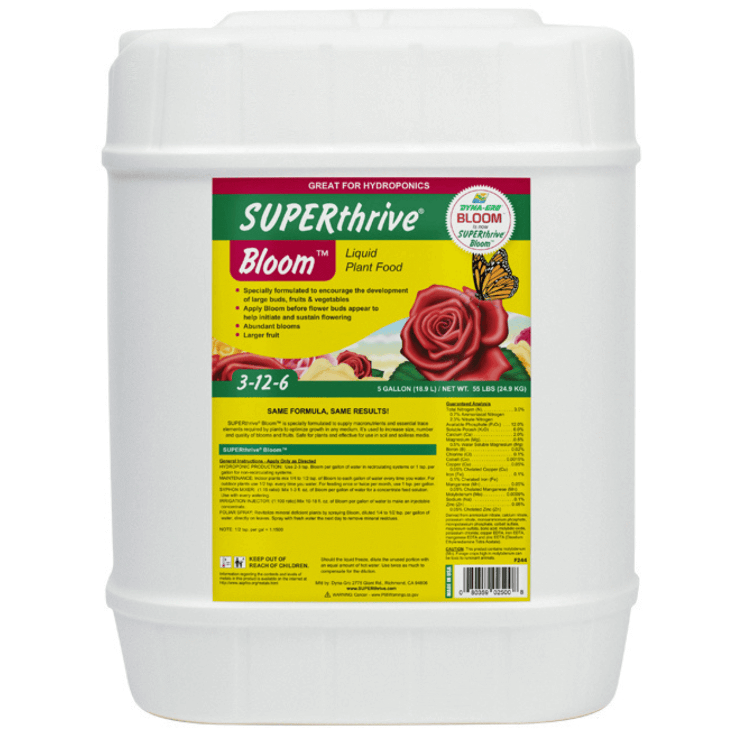 Dyna-Gro SUPERthrive Bloom 5 Gallon bottle, liquid plant food promoting growth with nutrient-rich 3-12-6 formula for plants.