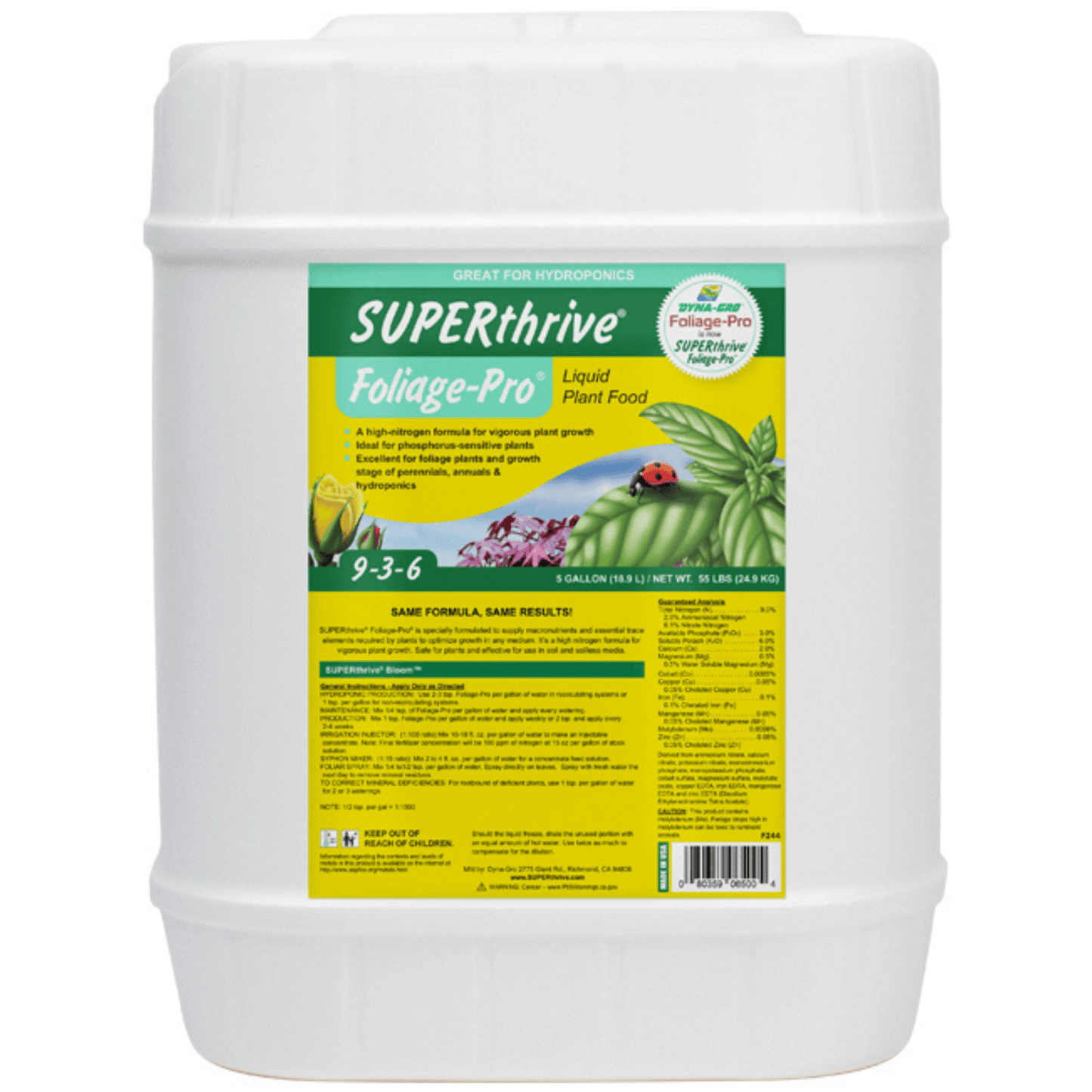 Dyna-Gro SUPERthrive Foliage-Pro 5 Gallon Liquid Plant Food with essential nutrients and ideal N-P-K ratio for optimal plant growth.