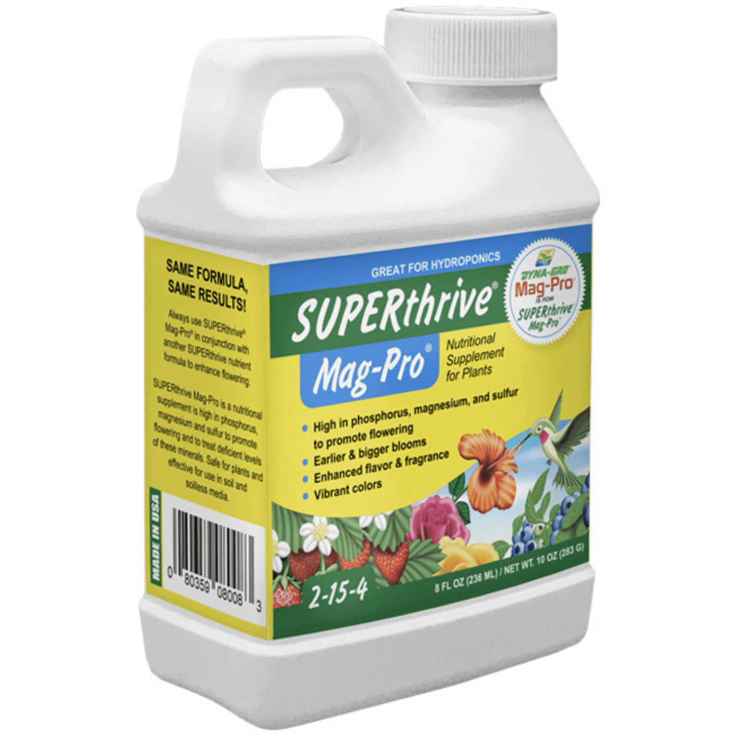 Dyna-Gro SUPERthrive Mag-Pro 8 oz bottle, rich in phosphorus, magnesium, and sulfur for vibrant flower growth and enhanced fragrance.