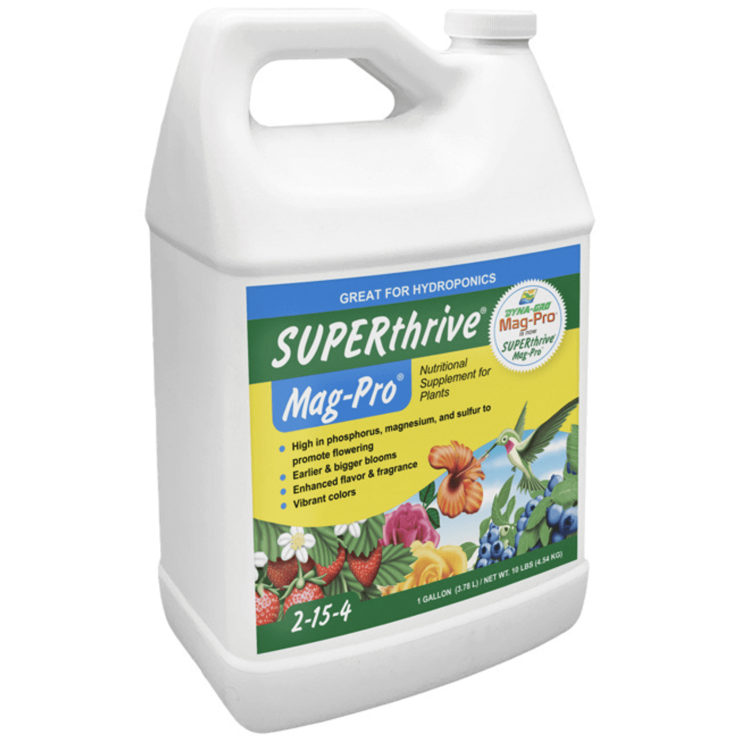 Dyna-Gro SUPERthrive Mag-Pro 1 Gallon plant supplement for vibrant, fragrant flowers with high phosphorus, magnesium, sulfur.