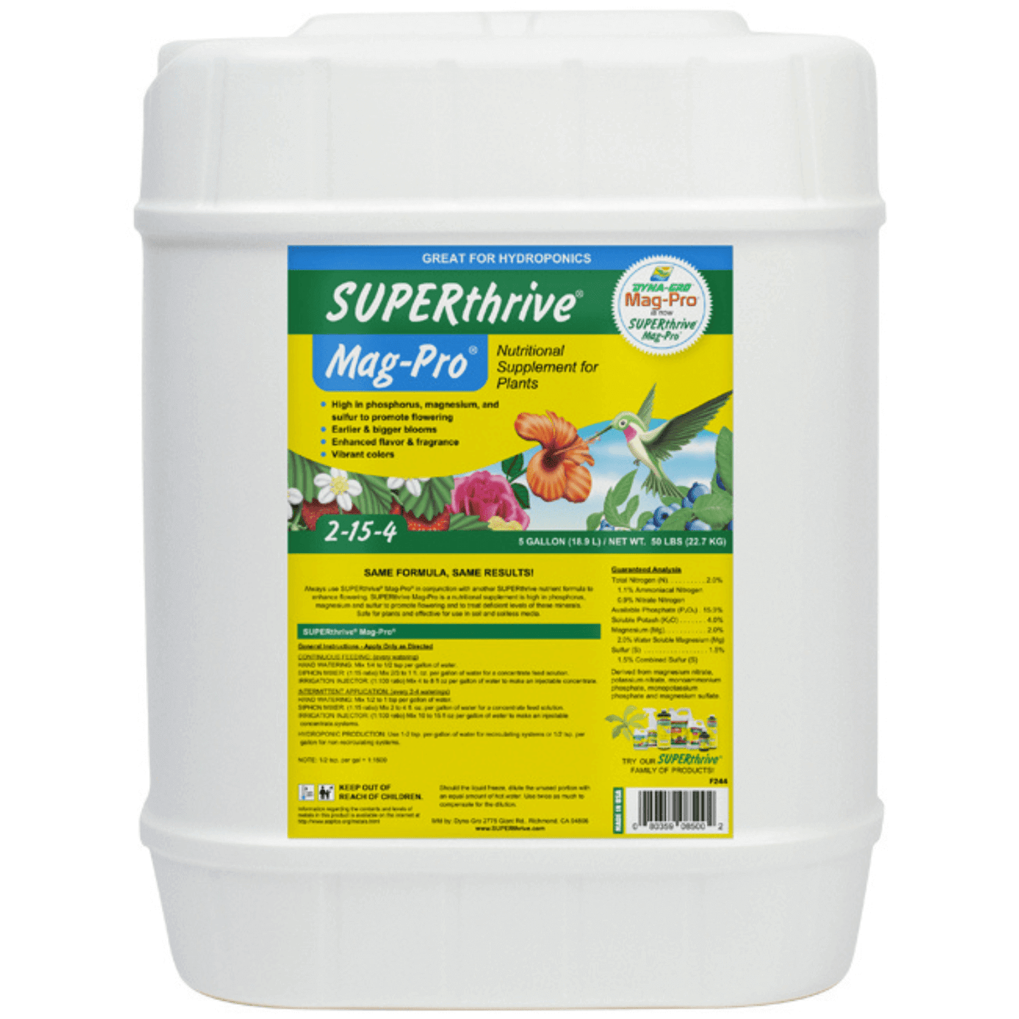 Dyna-Gro SUPERthrive Mag-Pro 5 Gallon plant supplement container for vibrant flower blooms and growth.