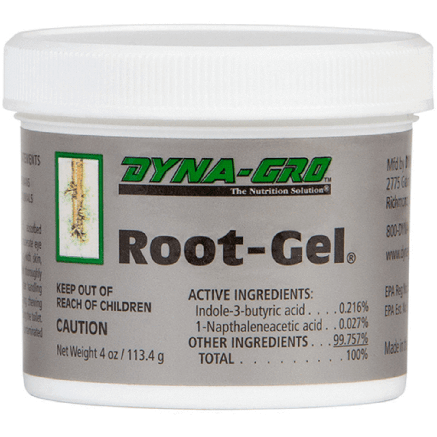 Dyna-Gro Root-Gel 4oz container for enhancing root formation in plant cuttings with IBA and NAA hormones.