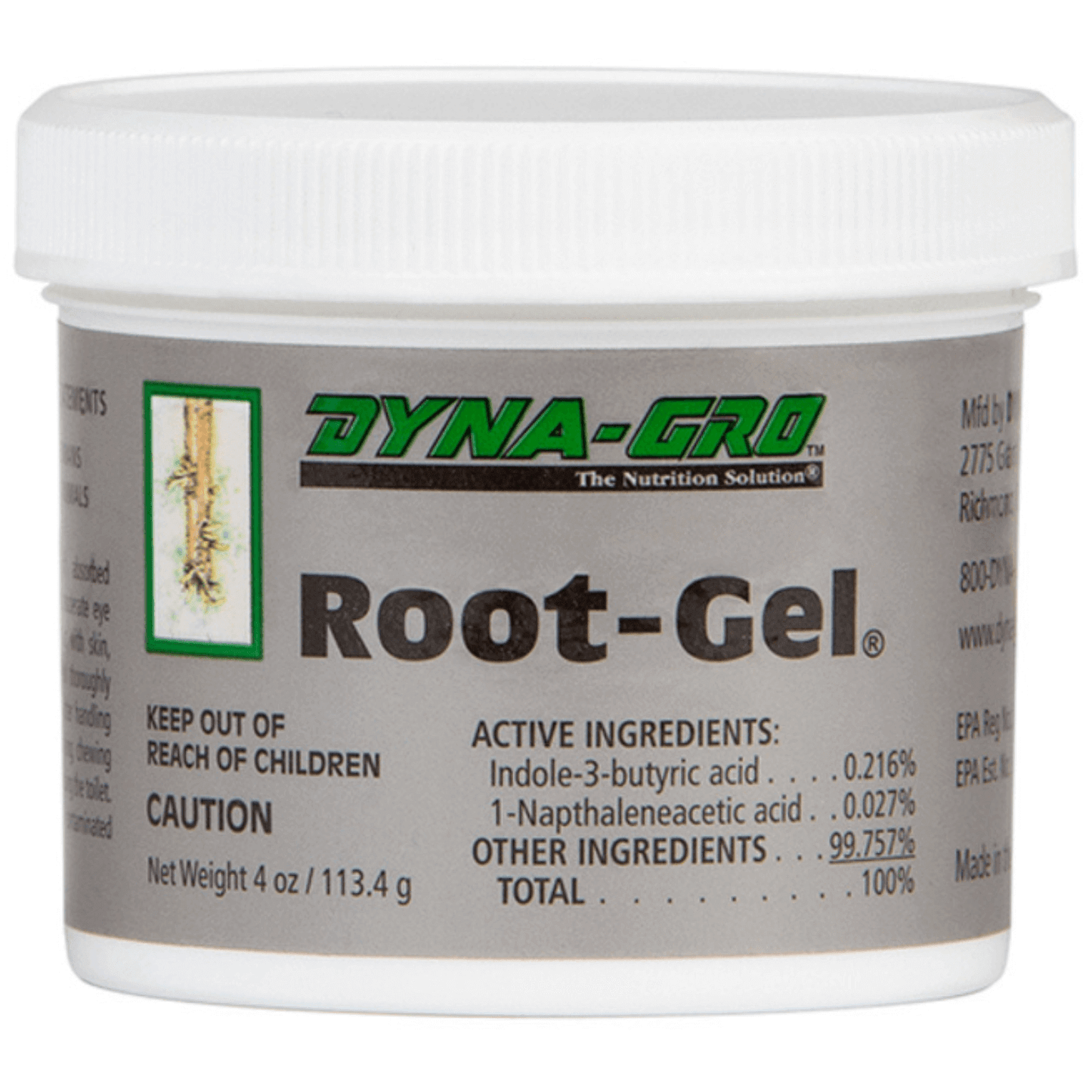 Dyna-Gro Root-Gel container, 8 fluid ounce, designed for promoting root growth in plant cuttings with IBA and NAA hormones.