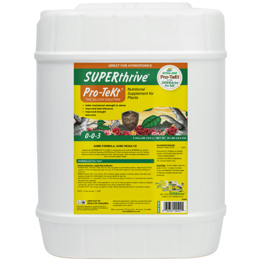 Dyna-Gro SUPERthrive Pro-TeKt 5 Gallon for plant nutrition and hydroponics, enhances strength and tolerance with silicon.