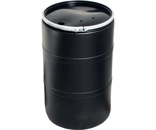 Active Aqua 55-gallon black drum with pre-drilled locking lid for hydroponic systems and drainage.