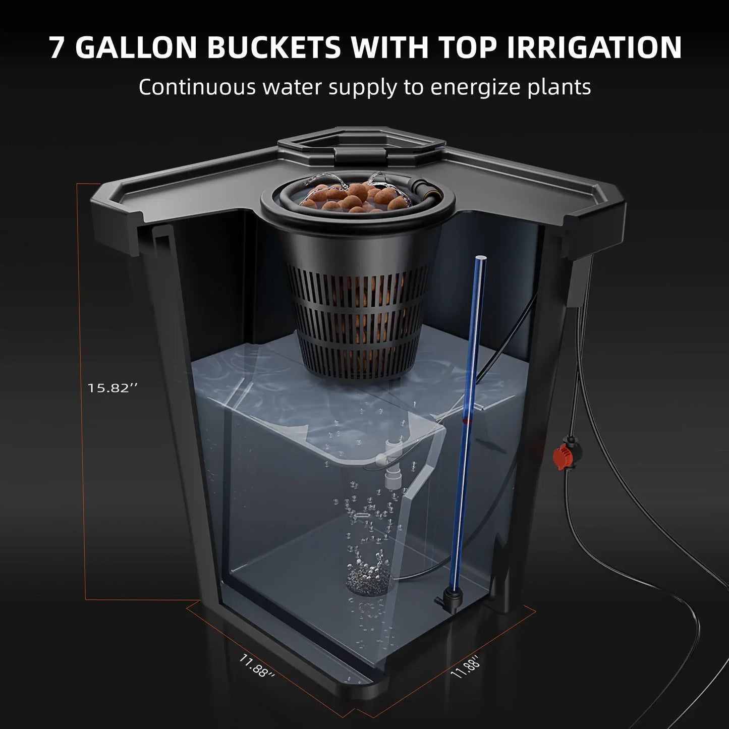 7-gallon bucket hydroponics system with top irrigation for efficient water supply to plants.