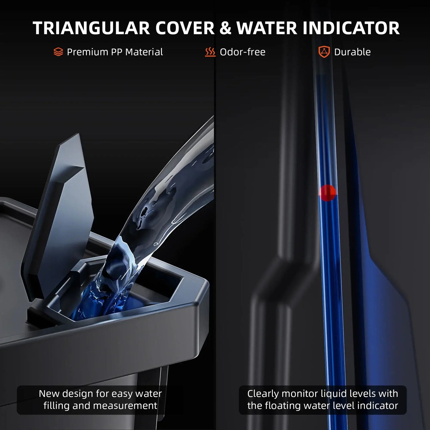 Close-up of Spider Farmer hydroponics triangular cover and water indicator for easy filling and monitoring.
