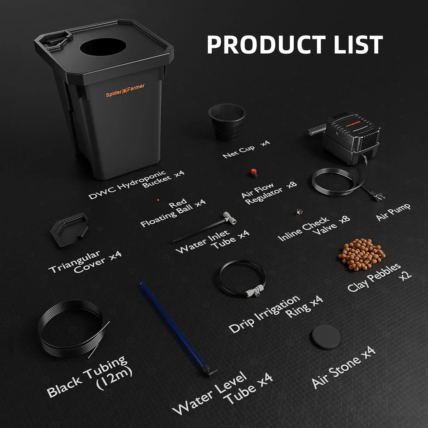 Spider Farmer DWC hydroponic system product list showing components like air pump, drip irrigation, and triangular cover.
