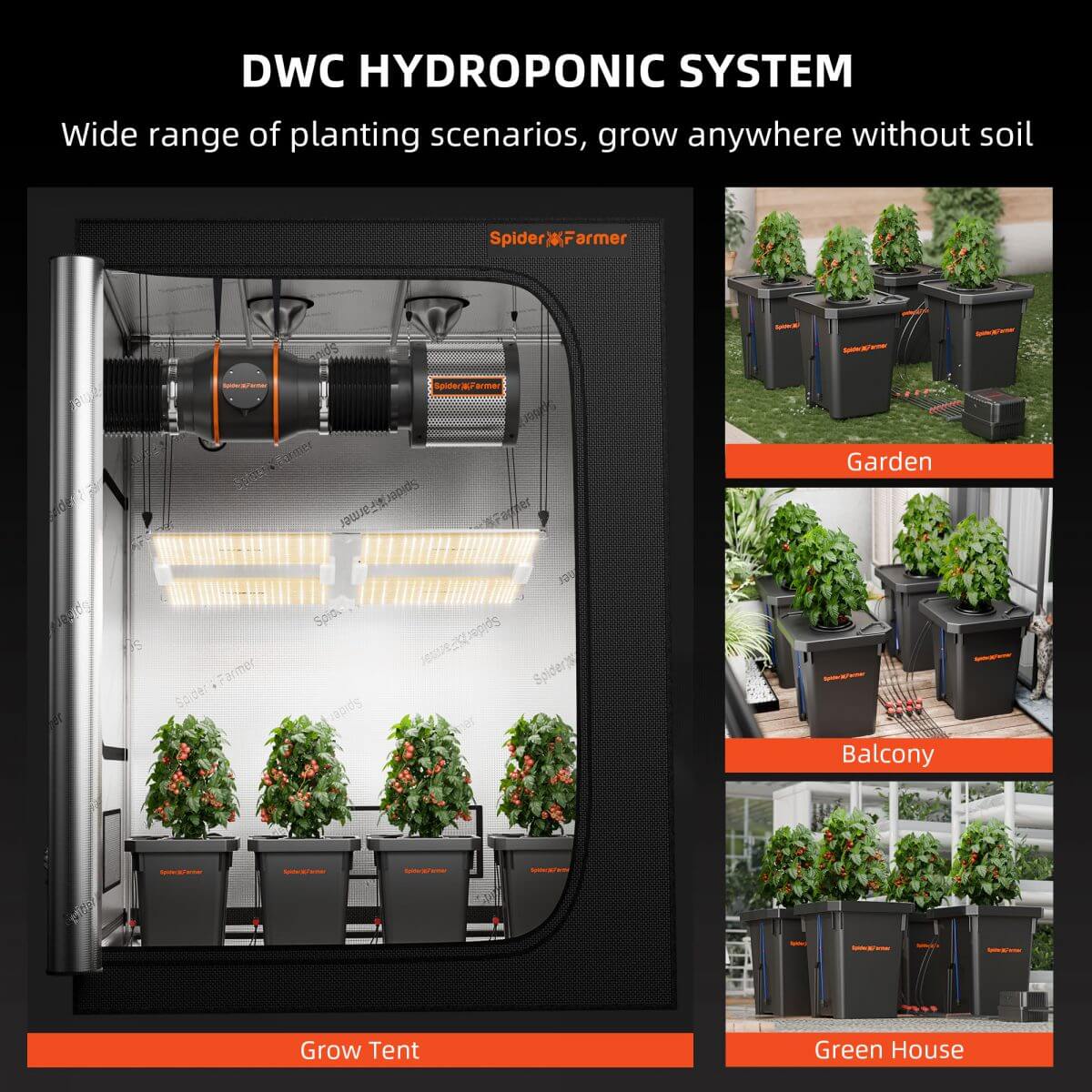 Spider Farmer DWC Hydroponic System featuring versatile planting scenarios: garden, balcony, and greenhouse setups.