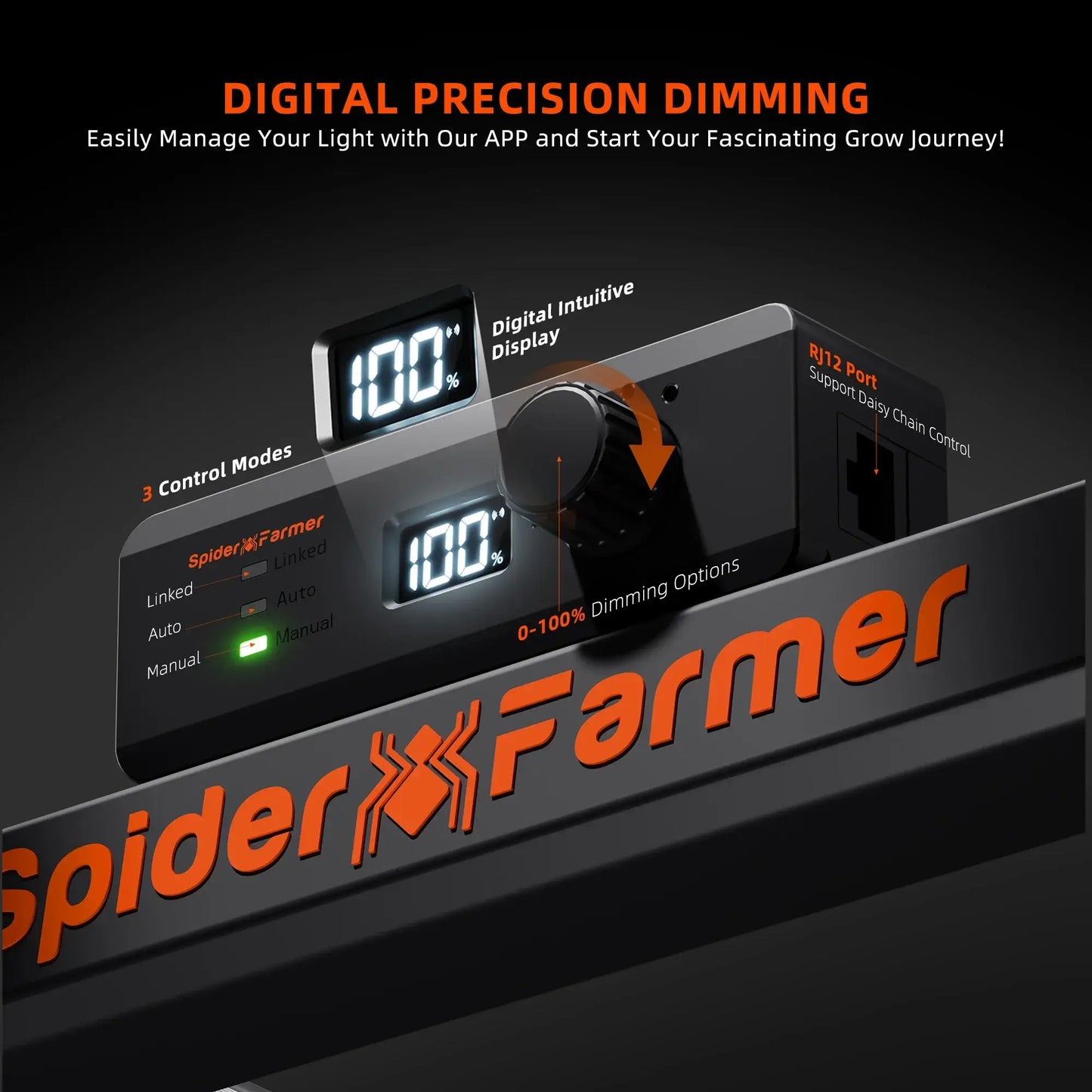 Spider Farmer G7000 LED grow light control panel featuring digital dimming and display for optimal plant growth.