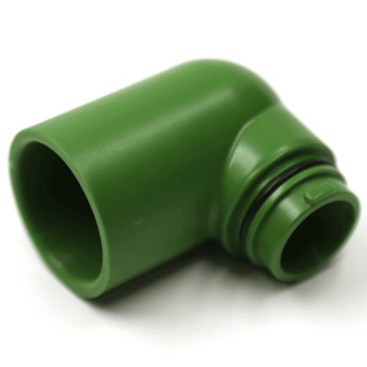 Green FloraFlex Flora Pipe Fitting 1" Elbow with snap-on feature for PVC pipe compatibility and easy manifold assembly.