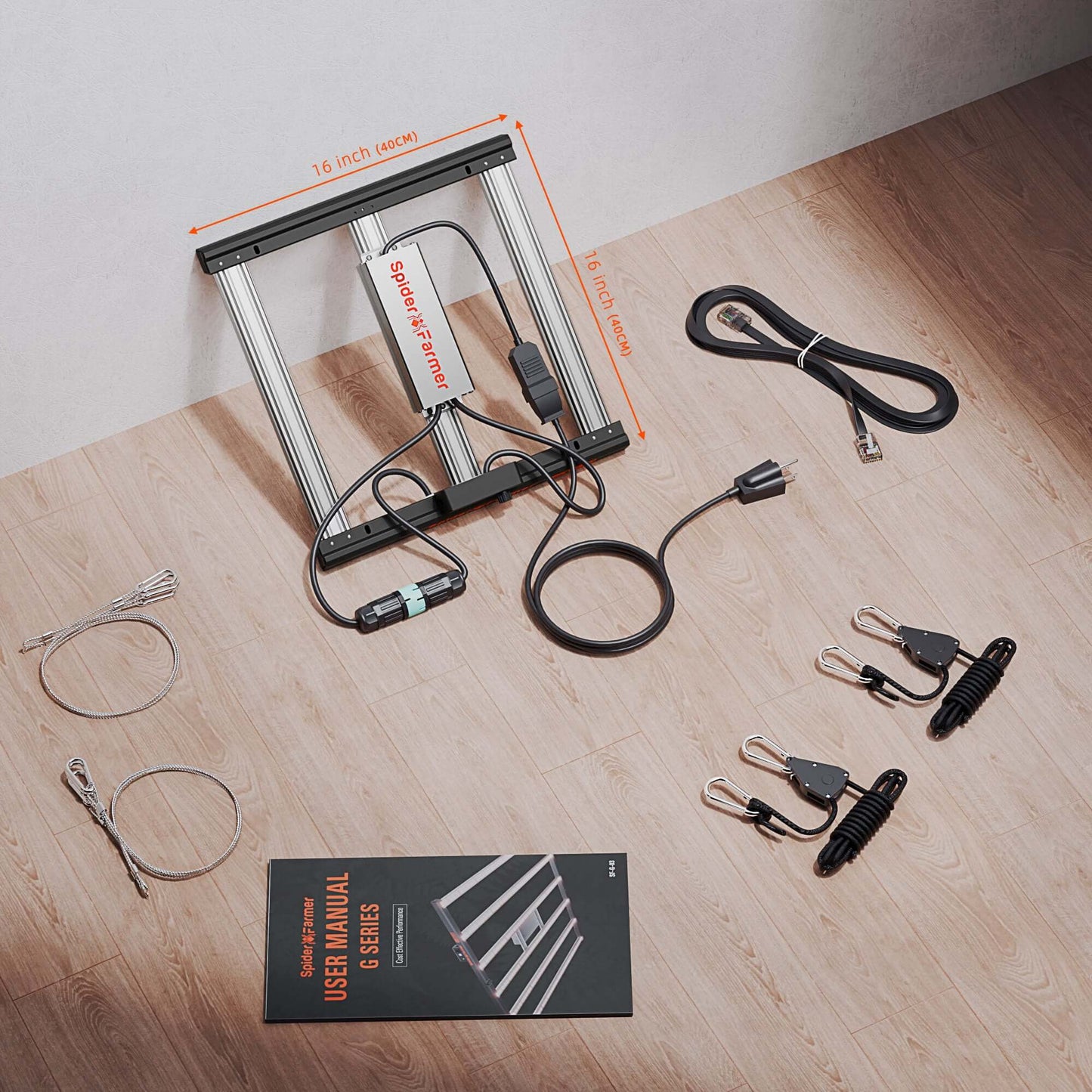 Spider Farmer G1500 grow light setup with cables, clips, and user manual on a wooden surface.