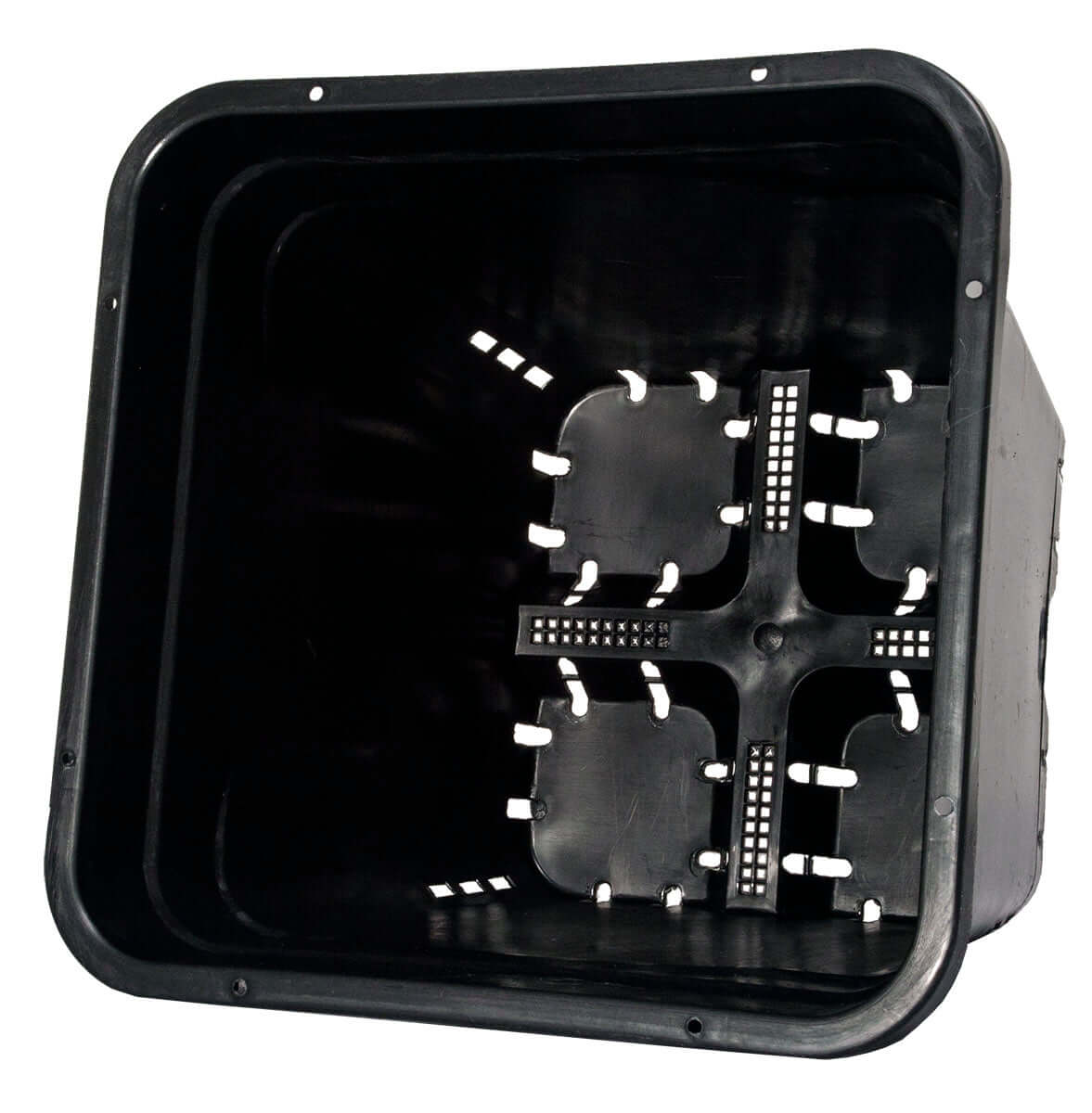 Inside view of a 5-gallon square pot designed for ebb and flow hydroponic systems.