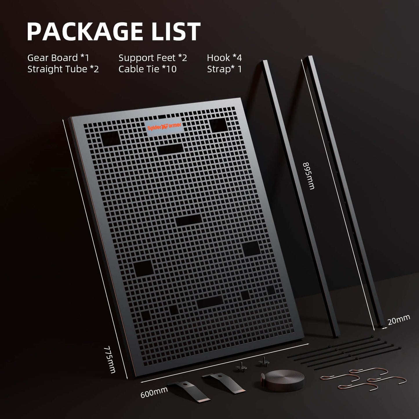 Image showing package list for Spider Farmer Grow Tent Gear Board including gear board, tubes, and cable management accessories.