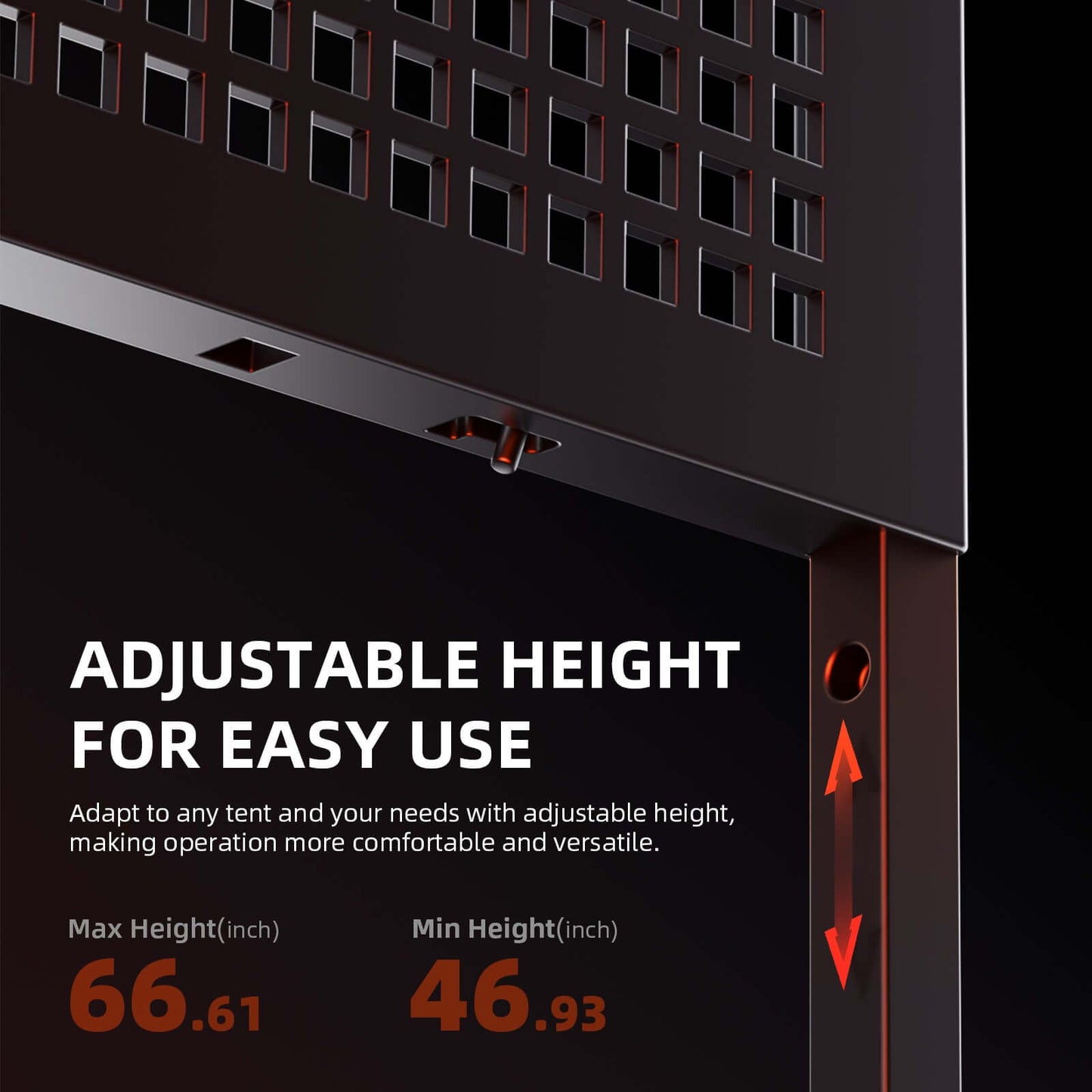 Spider Farmer Gear Board with adjustable height feature, ranging from 46.93 to 66.61 inches for versatile tent use.