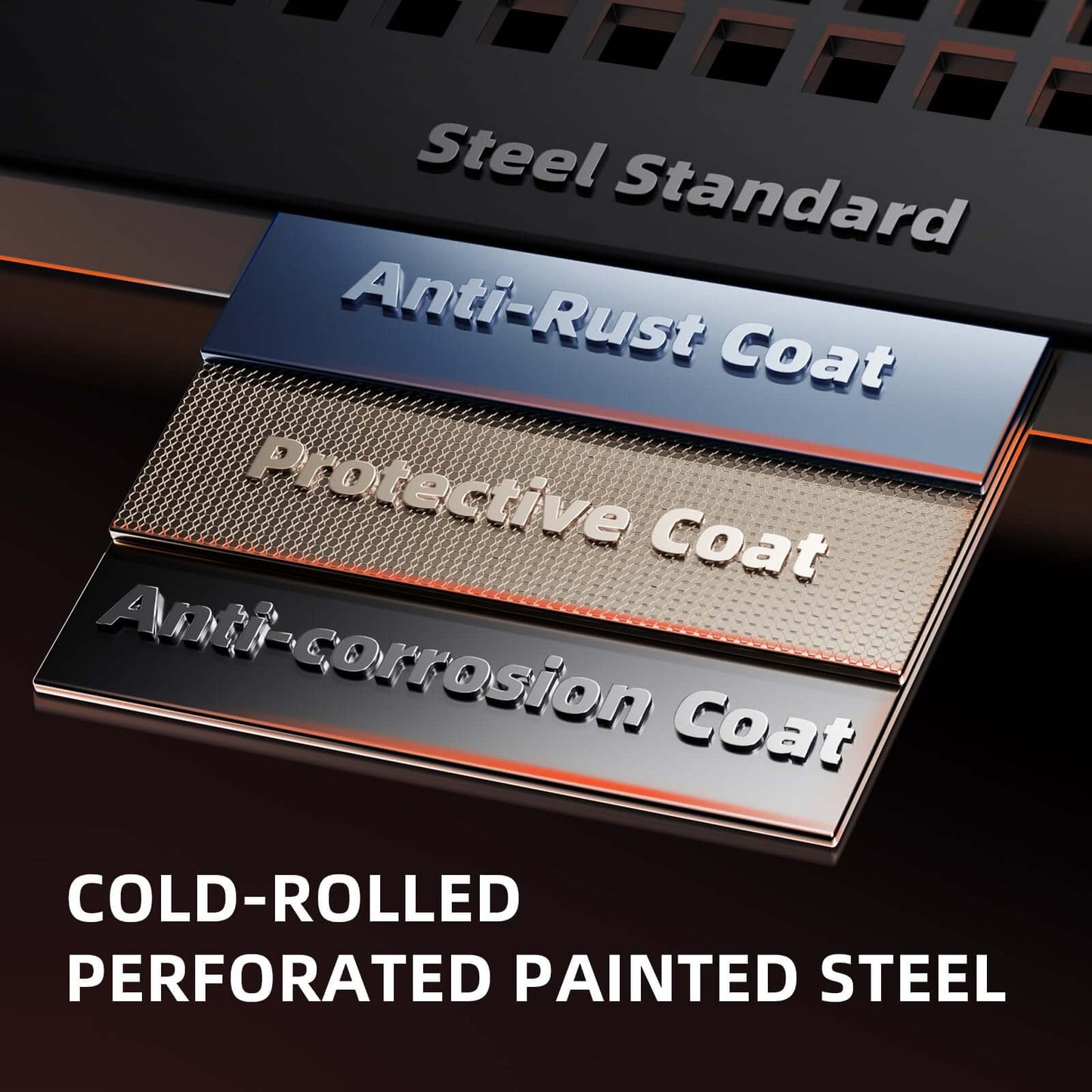 Image showing cold-rolled, perforated painted steel with various coating options: anti-rust, protective, and anti-corrosion.
