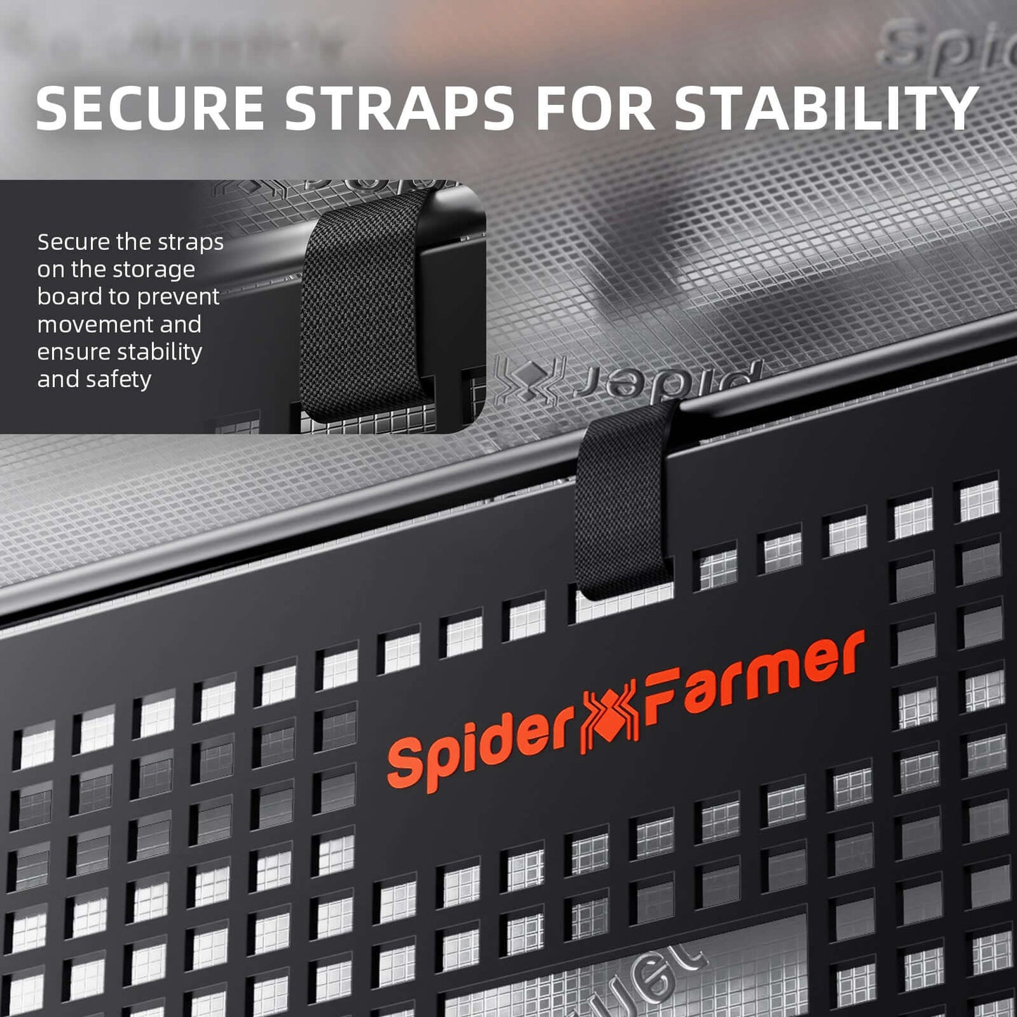 Close-up of Spider Farmer Grow Tent Gear Board showing secure straps for stability and safety.