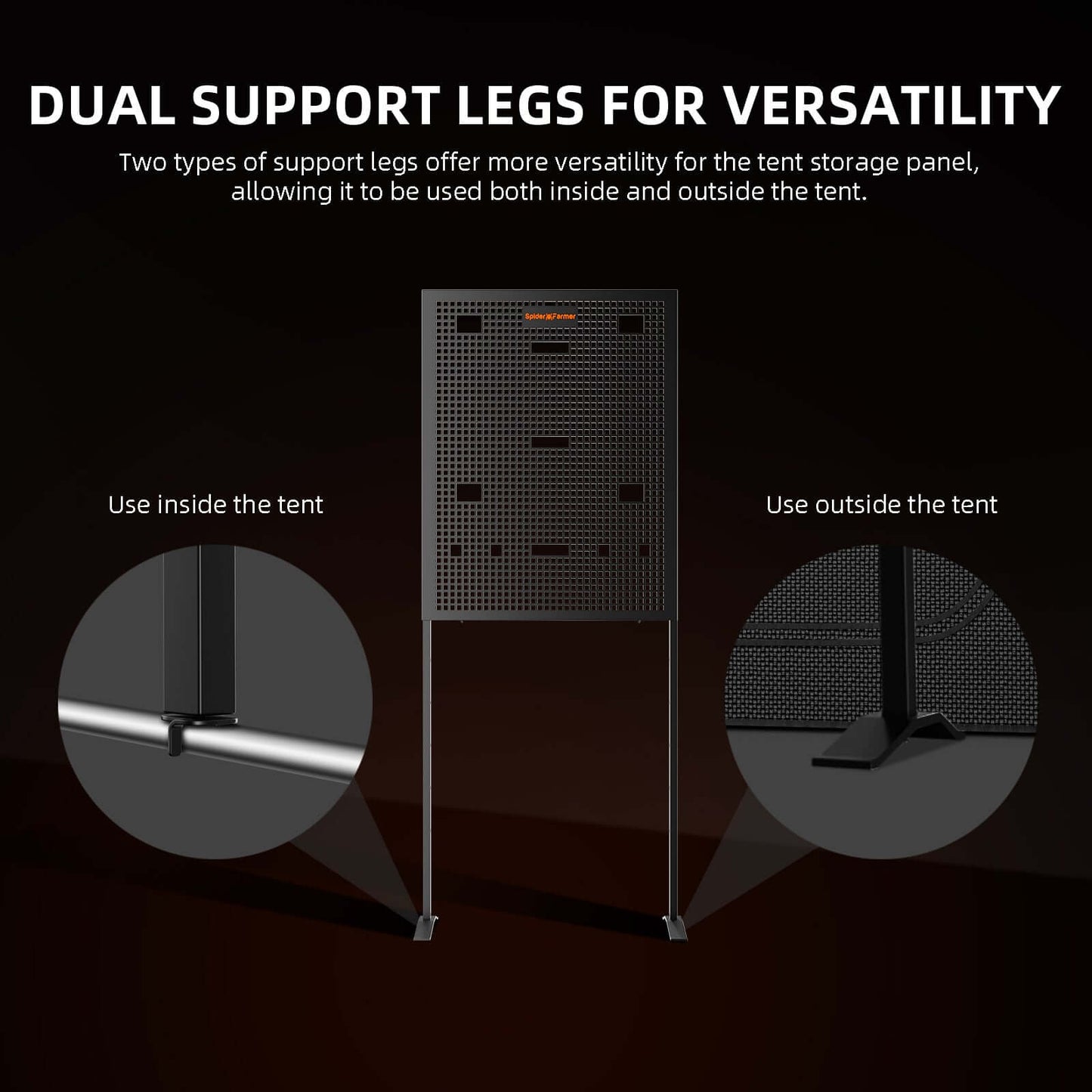 Spider Farmer dual support legs for the gear board, versatile for use inside or outside the grow tent.