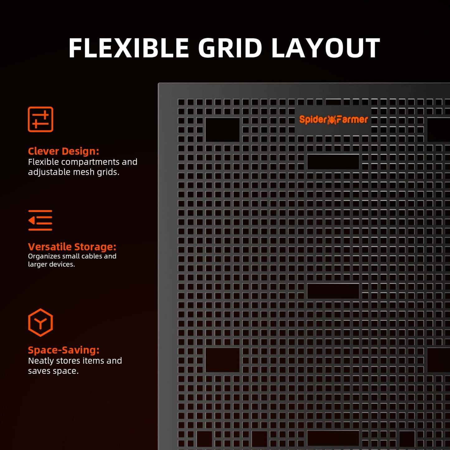 Spider Farmer grow tent gear board with flexible grid layout for versatile storage and space-saving design.