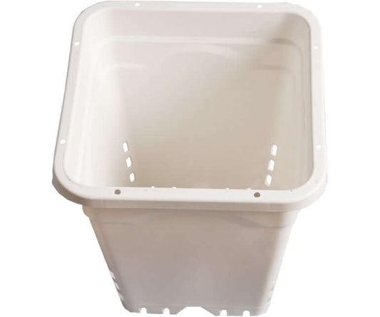 Heavy duty 12" x 12" square white pot with drainage holes for optimal plant aeration and growth.