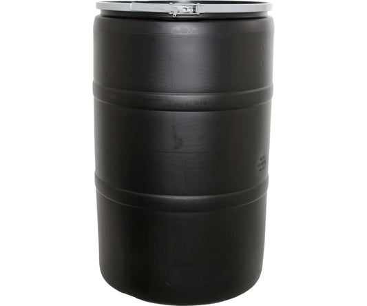 Active Aqua 55-gallon black drum with locking lid, perfect for hydroponic systems and nutrient management.