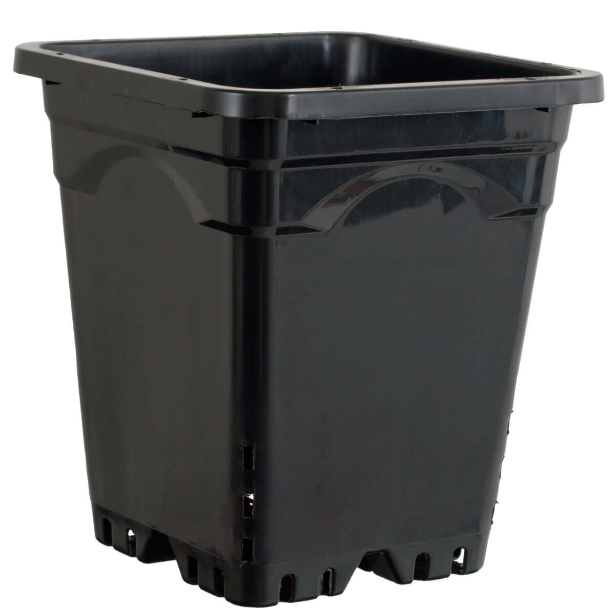 Heavy duty black 9" x 9" square growing pot with drainage holes, ideal for optimal root aeration and durability.