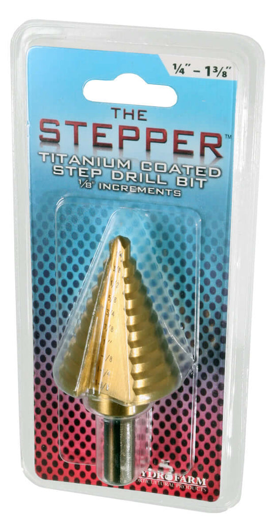 Active Aqua The Stepper titanium step drill bit, 1/4" to 1 3/8", packaged with clear display.