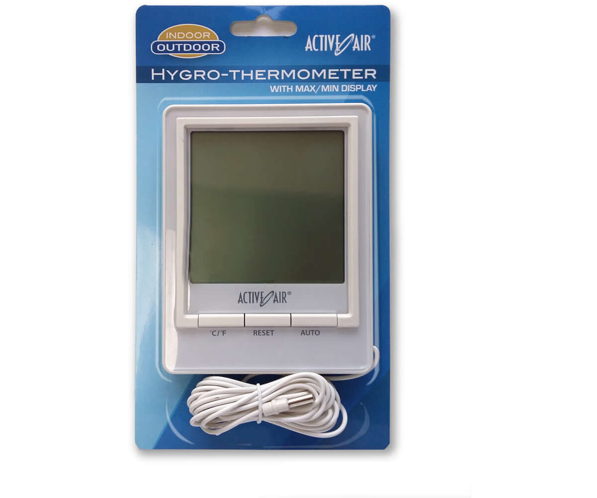 Active Air Hygro-Thermometer with large LCD display, ideal for indoor and outdoor gardening tasks.