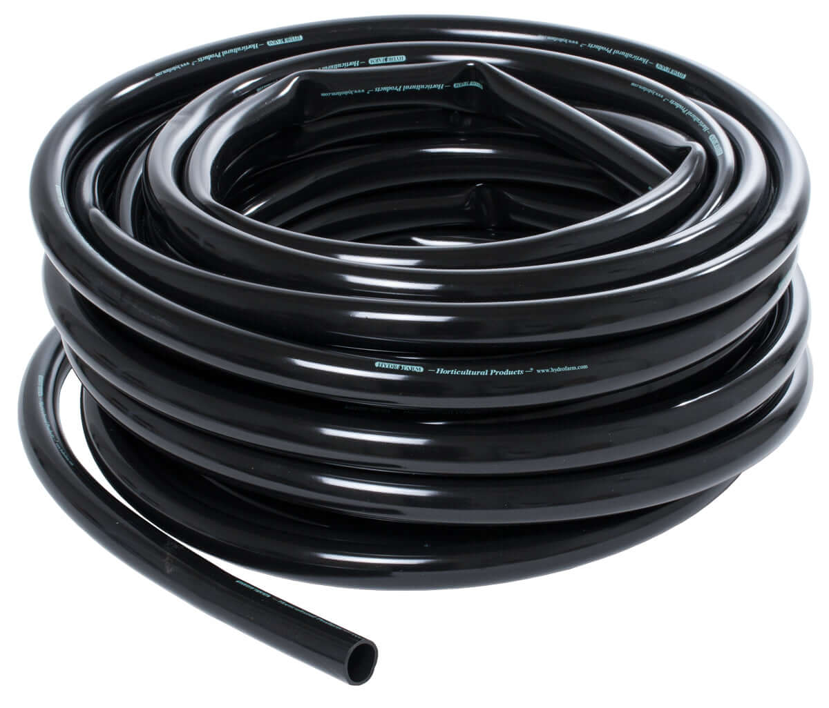 Sturdy black vinyl tubing coiled, FDA-approved, BPA-free, ideal for irrigation and hydroponics, available in 100-foot lengths.