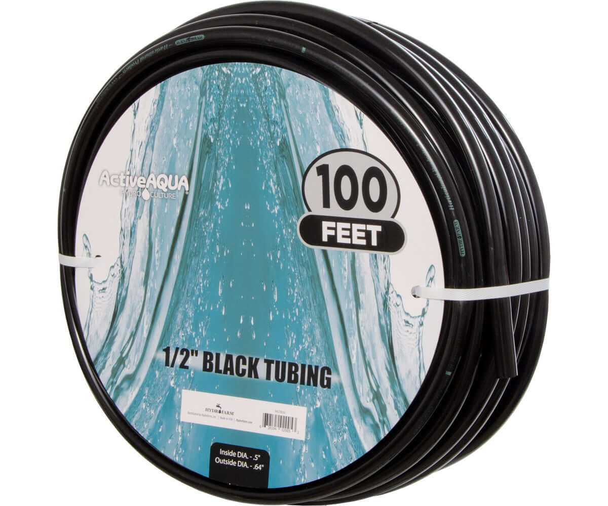 Active Aqua 1/2" black tubing roll, 100 feet, perfect for irrigation and hydroponic systems. Durable and easy to cut.