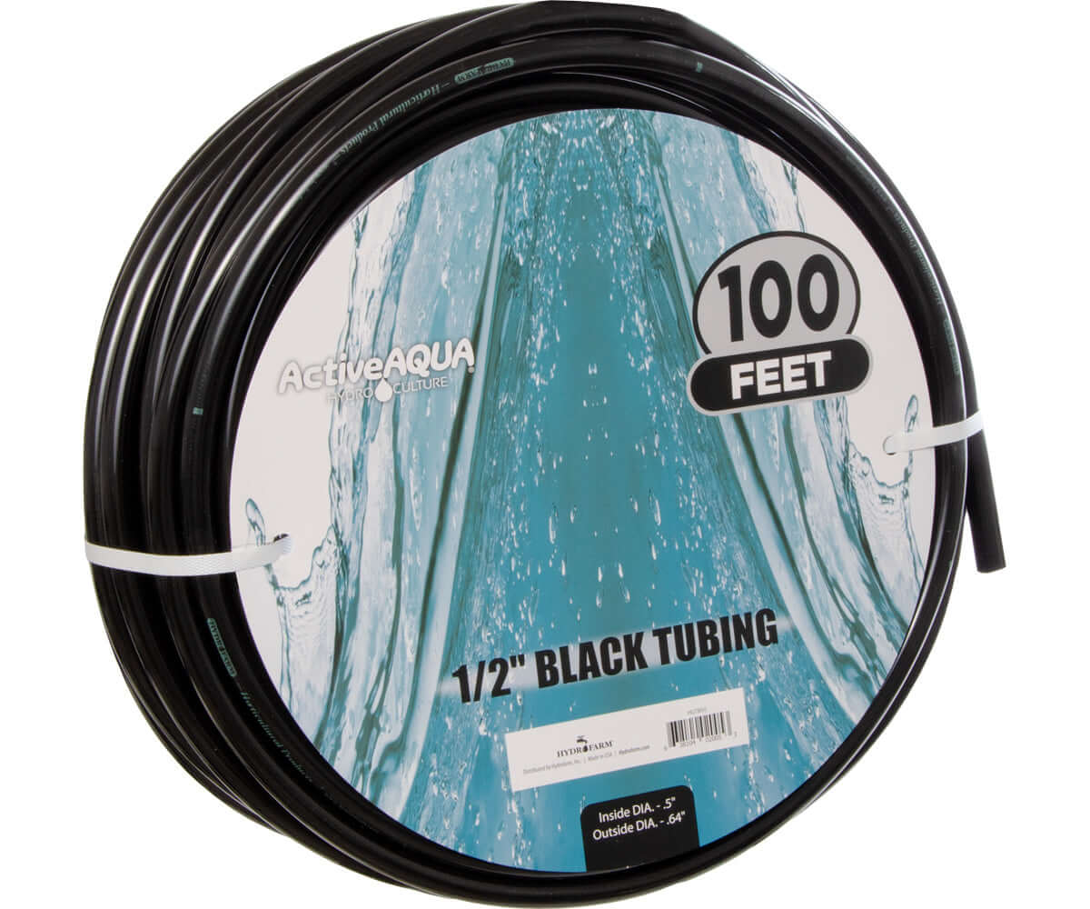 Active Aqua 1/2" black vinyl tubing roll, 100 feet, ideal for irrigation and hydroponic systems, BPA-free and FDA-approved.