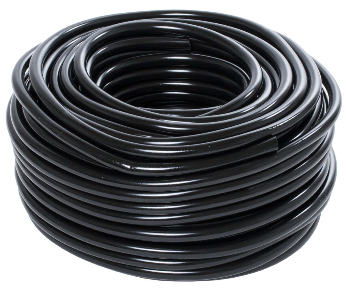 Sturdy Active Aqua 1/4" OD black vinyl tubing, ideal for irrigation and hydroponic systems. Flexible and easy to cut.