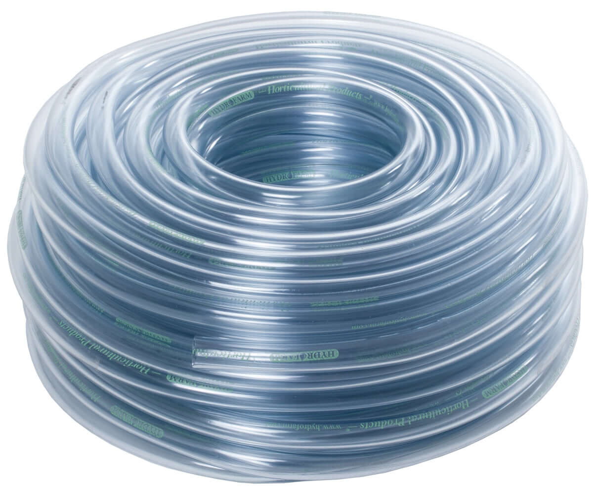 Clear 3/8" ID vinyl tubing rolled in a circular shape, ideal for hydroponics and irrigation systems, 100 feet.