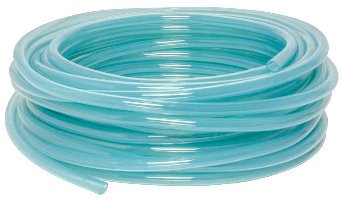 Blue polyurethane tubing coil for irrigation and hydroponic systems, FDA-approved and BPA-free, 100' long.