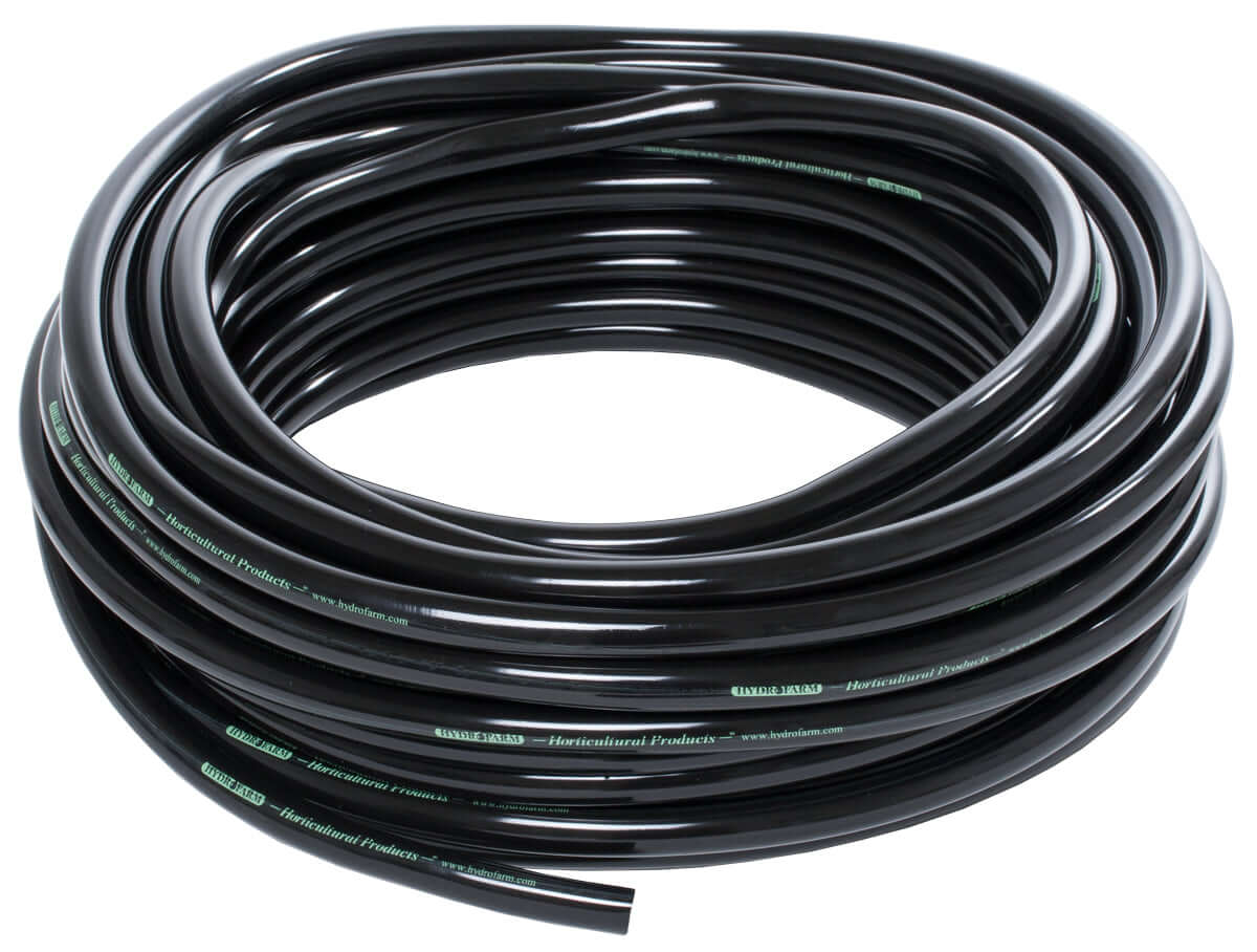 Sturdy Active Aqua 1/2" ID black vinyl tubing coil for irrigation and hydroponic systems, 100-foot length.