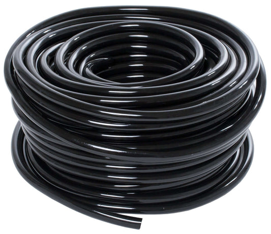 Coiled black plastic tubing for hydroponic systems and irrigation applications. Durable and flexible design for efficient usage.