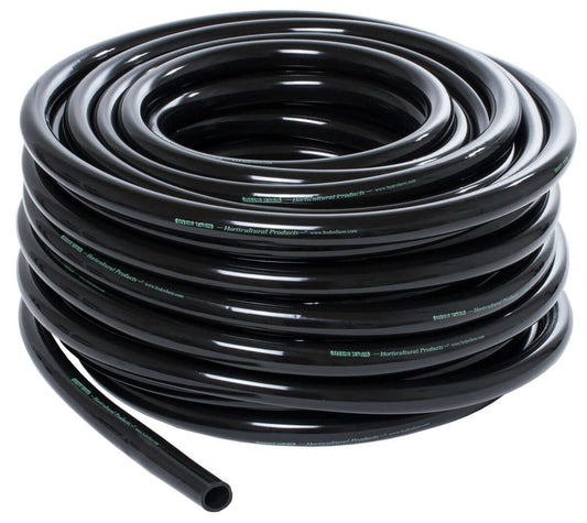 Sturdy Active Aqua 3/4" ID black vinyl tubing coiled for irrigation and hydroponics use, 100 feet in dispenser pack.