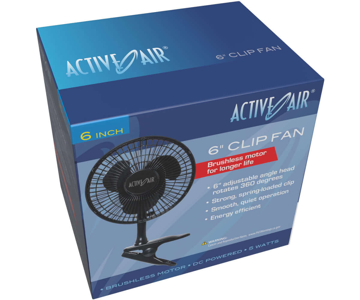 Active Air 6" Clip Fan packaging showcasing energy-efficient design and brushless motor for durability and quiet operation.