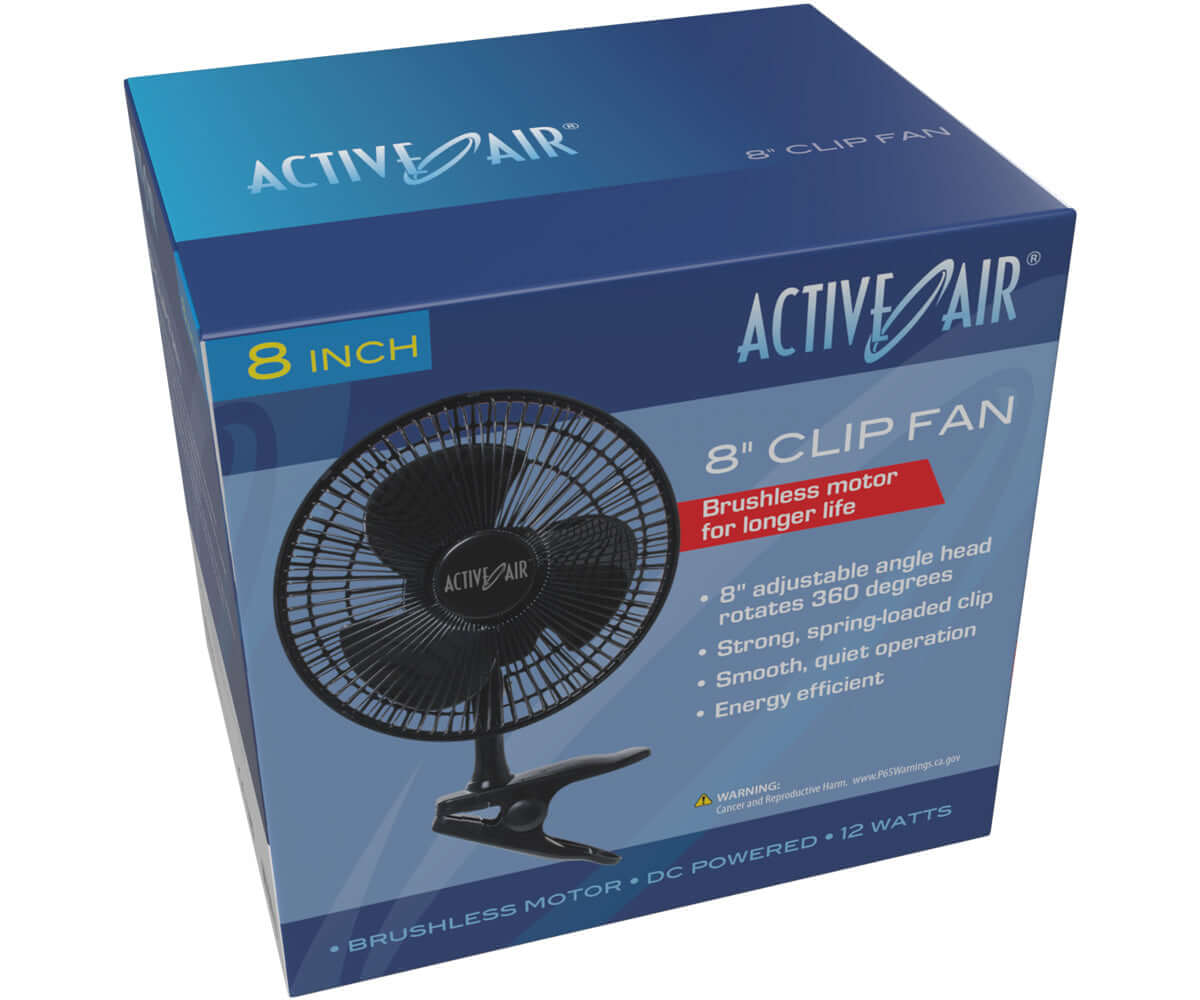 Active Air 8" Clip Fan packaging showcasing brushless motor, quiet operation, and energy efficiency features.