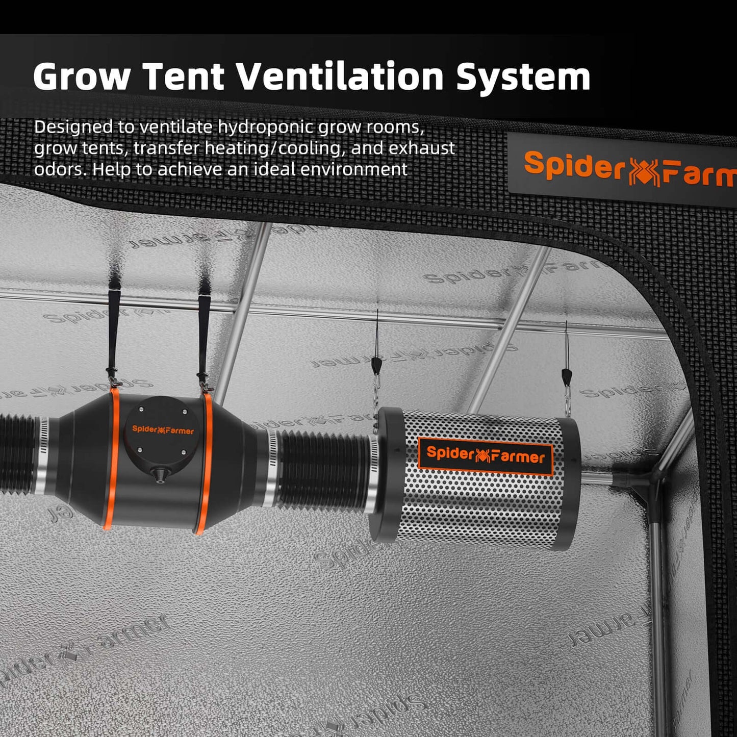Spider Farmer grow tent ventilation system for hydroponic rooms, optimizing airflow and temperature control.