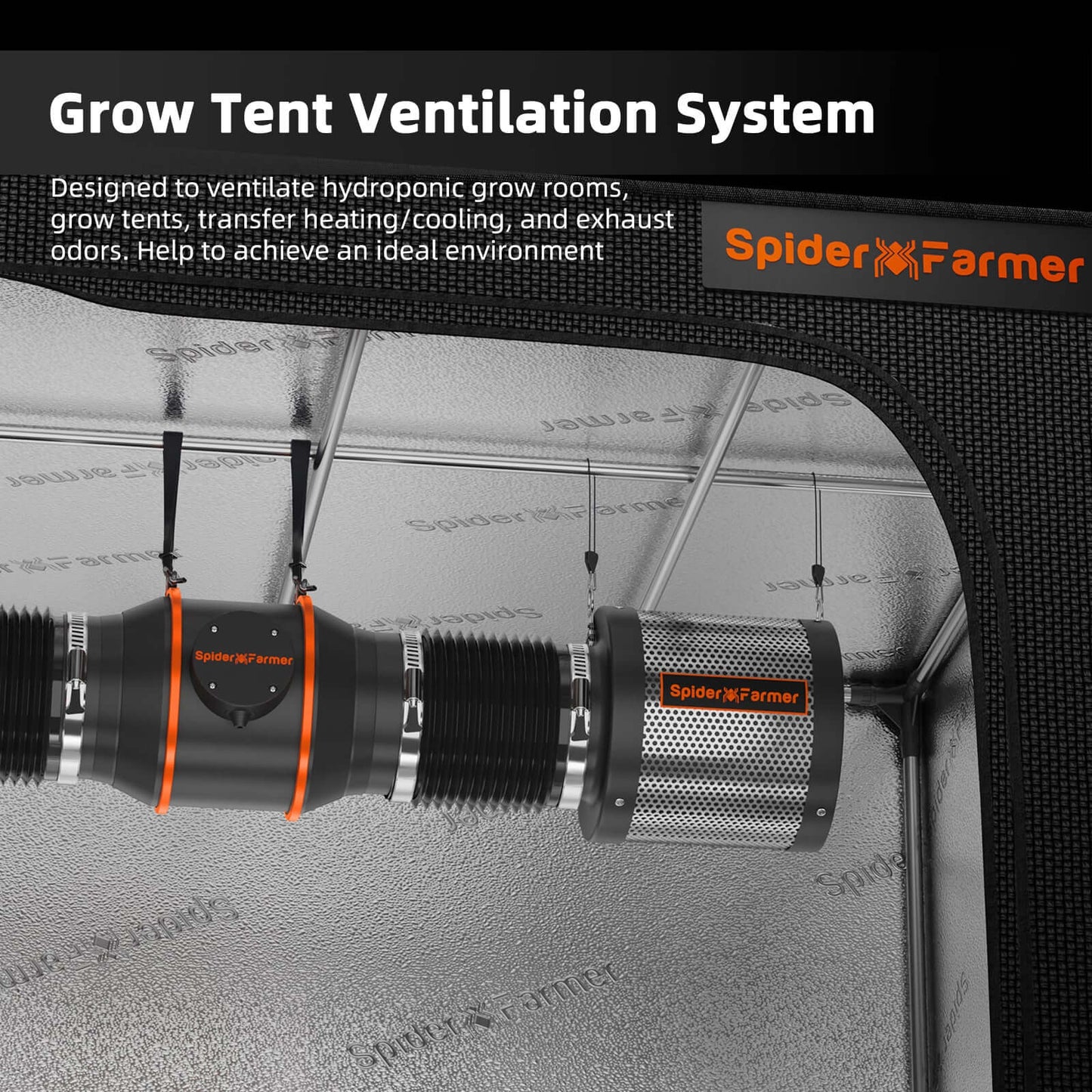 Spider Farmer grow tent ventilation system designed for hydroponic environments, optimizing airflow and controlling odors.