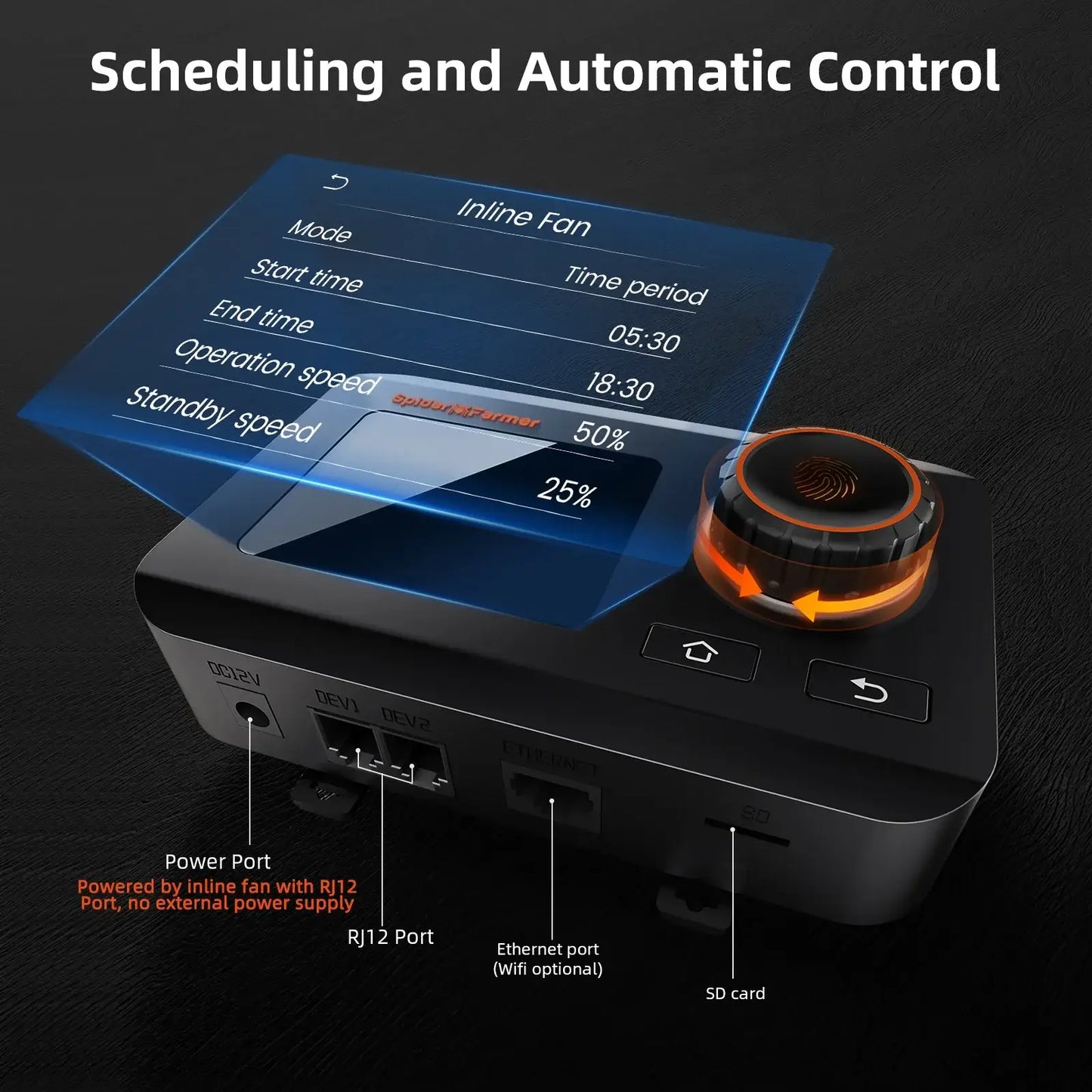 Inline fan controller with scheduling, operation speed, and standby settings displayed on a sleek interface.